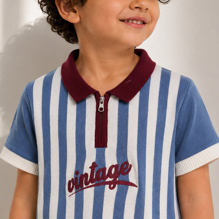Kids Boys Polo Tshirt in Dark Blue with Soft Knit Fabric & Zip Neck for Comfort Wear