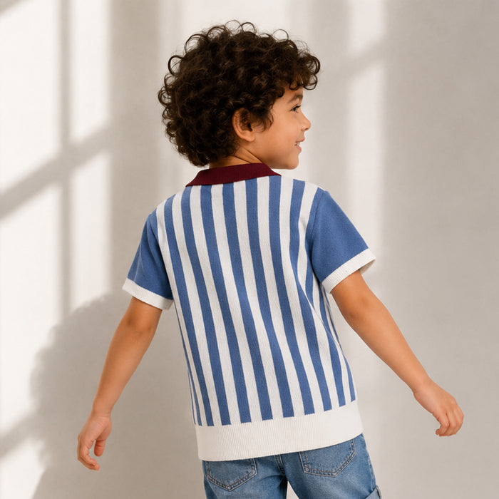 Kids Boys Polo Tshirt in Dark Blue with Soft Knit Fabric & Zip Neck for Comfort Wear