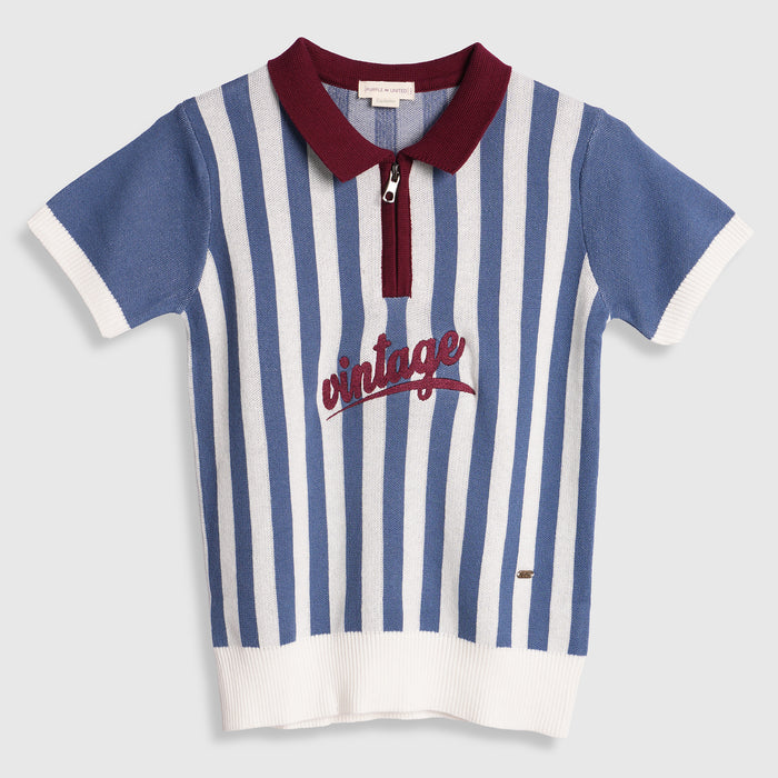 Kids Boys Polo Tshirt in Dark Blue with Soft Knit Fabric & Zip Neck for Comfort Wear