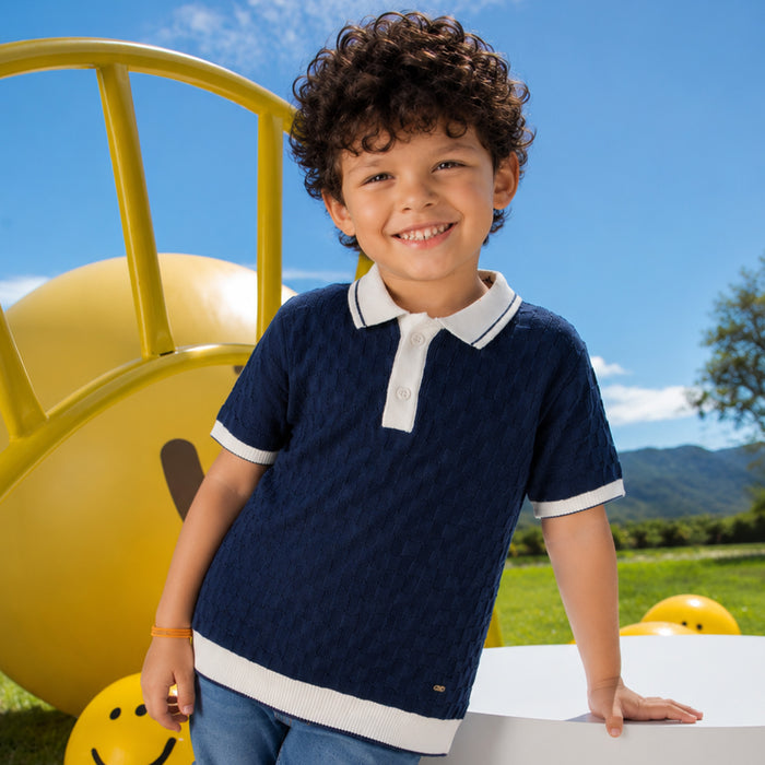 Kids Boys Polo Tshirt in Dark Blue with Textured Knit Comfort Fabric & Ribbed Finish