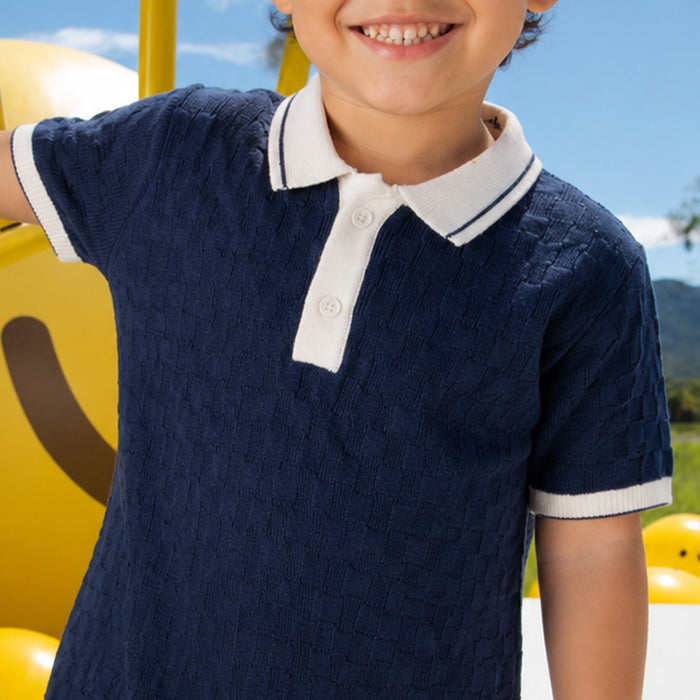 Kids Boys Polo Tshirt in Dark Blue with Textured Knit Comfort Fabric & Ribbed Finish