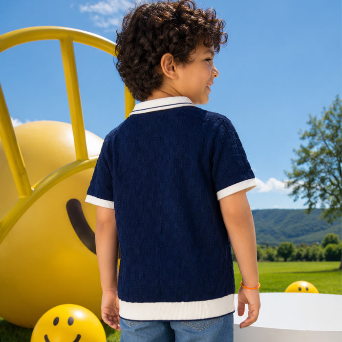 Kids Boys Polo Tshirt in Dark Blue with Textured Knit Comfort Fabric & Ribbed Finish