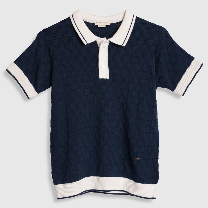 Kids Boys Polo Tshirt in Dark Blue with Textured Knit Comfort Fabric & Ribbed Finish