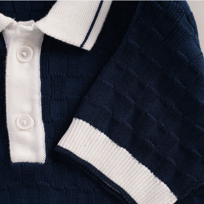 Kids Boys Polo Tshirt in Dark Blue with Textured Knit Comfort Fabric & Ribbed Finish