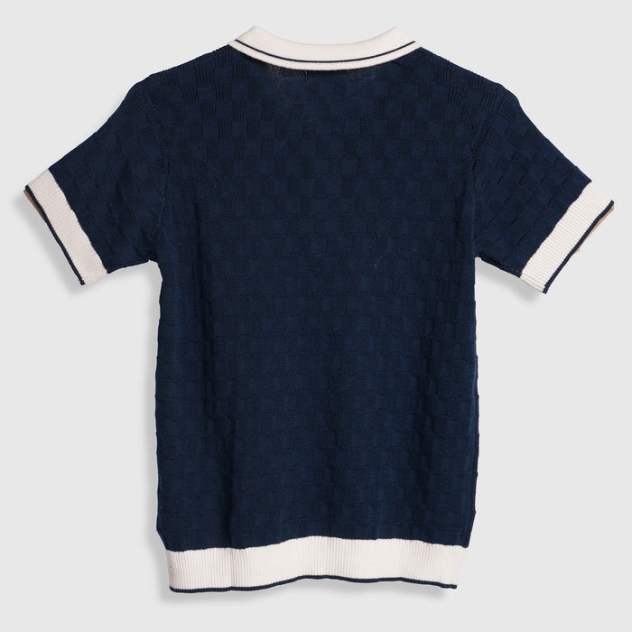Kids Boys Polo Tshirt in Dark Blue with Textured Knit Comfort Fabric & Ribbed Finish