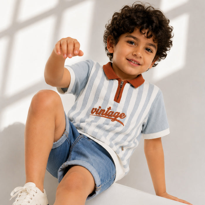 Kids Boys Polo Tshirt in Light Blue with Soft Knit Fabric & Zip Neck for Comfort Wear
