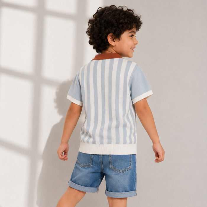 Kids Boys Polo Tshirt in Light Blue with Soft Knit Fabric & Zip Neck for Comfort Wear