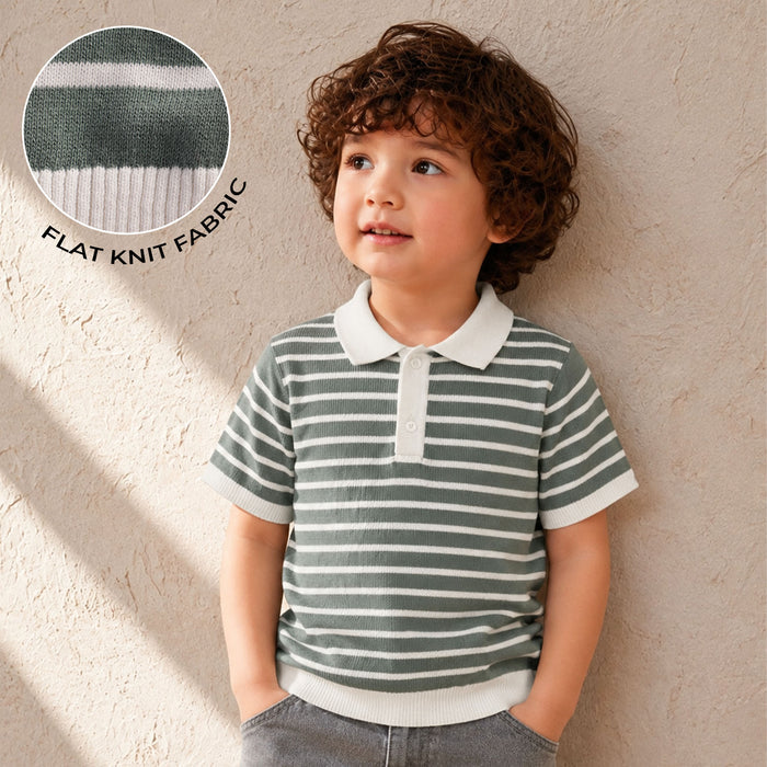 Kids Boys Polo Tshirt in Light Green with Striped Pattern, Flat Knit Fabric & Ribbed Hem