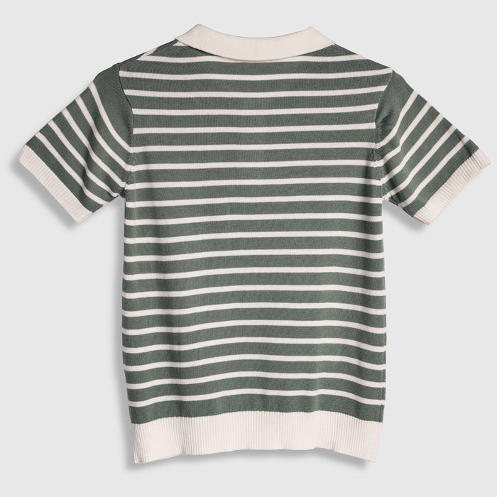 Kids Boys Polo Tshirt in Light Green with Striped Pattern, Flat Knit Fabric & Ribbed Hem