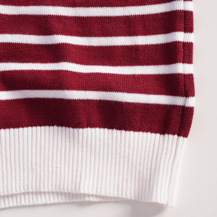Kids Boys Polo Tshirt in Red with Striped Pattern, Flat Knit Fabric & Ribbed Hem