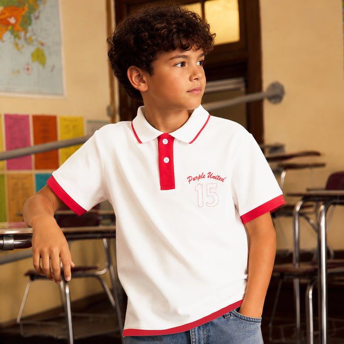 Kids Boys Polo Tshirt in White with Contrast Collar & Soft Breathable Comfort Fabric