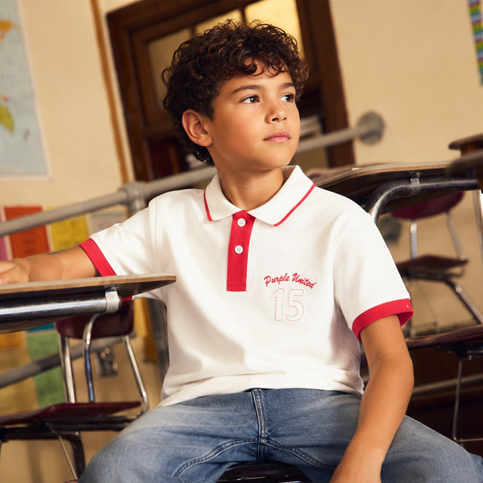 Kids Boys Polo Tshirt in White with Contrast Collar & Soft Breathable Comfort Fabric