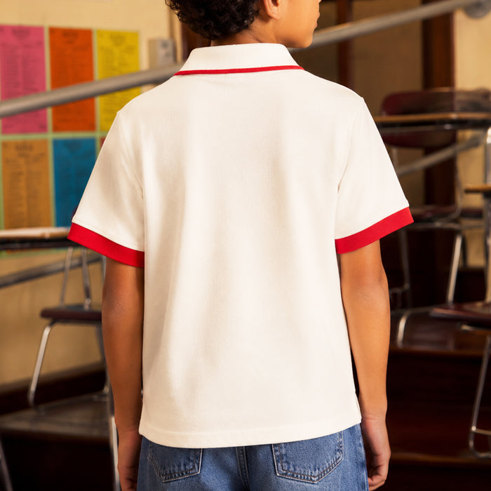 Kids Boys Polo Tshirt in White with Contrast Collar & Soft Breathable Comfort Fabric