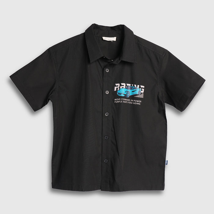 Kids Boys Shirt in Black with Relaxed Fit & Short Sleeve for Smart Comfort Casual Styling