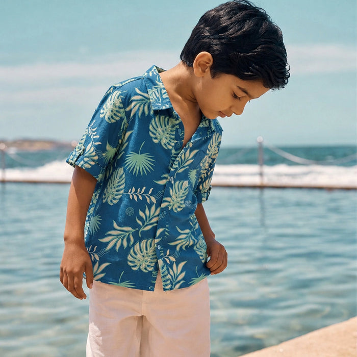 Kids Boys Shirt in Blue with Tropical Leaf Print, Roll-Up Sleeves & Soft Airy Cotton Fabric