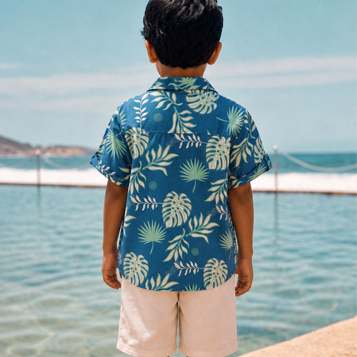 Kids Boys Shirt in Blue with Tropical Leaf Print, Roll-Up Sleeves & Soft Airy Cotton Fabric