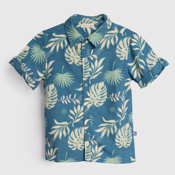Kids Boys Shirt in Blue with Tropical Leaf Print, Roll-Up Sleeves & Soft Airy Cotton Fabric
