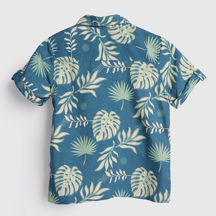 Kids Boys Shirt in Blue with Tropical Leaf Print, Roll-Up Sleeves & Soft Airy Cotton Fabric