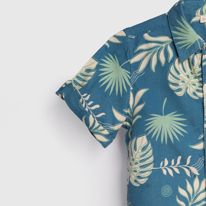 Kids Boys Shirt in Blue with Tropical Leaf Print, Roll-Up Sleeves & Soft Airy Cotton Fabric