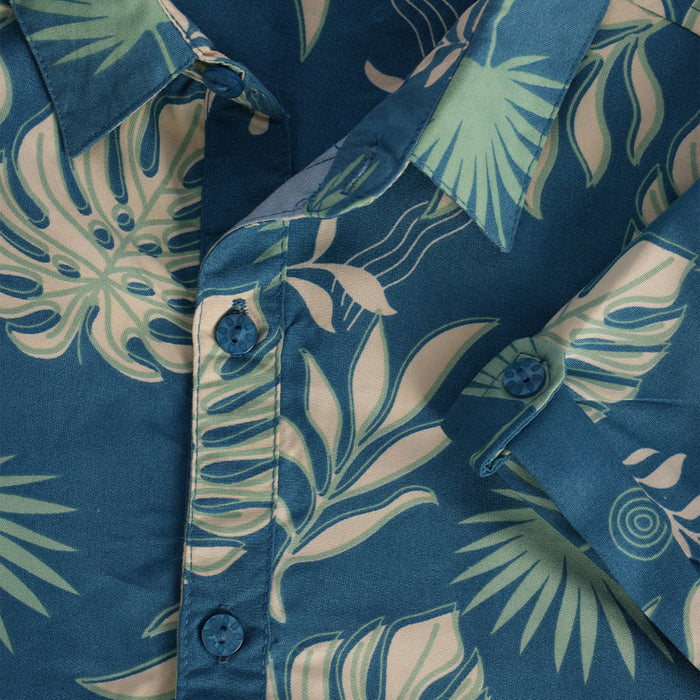 Kids Boys Shirt in Blue with Tropical Leaf Print, Roll-Up Sleeves & Soft Airy Cotton Fabric