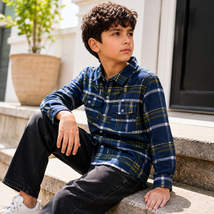 Kids Boys Shirt in Blue with Warm Checked Fabric, Relaxed Fit, Full Sleeves & Twin Pockets
