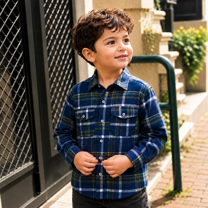 Kids Boys Shirt in Blue with Warm Checked Fabric, Relaxed Fit, Full Sleeves & Twin Pockets
