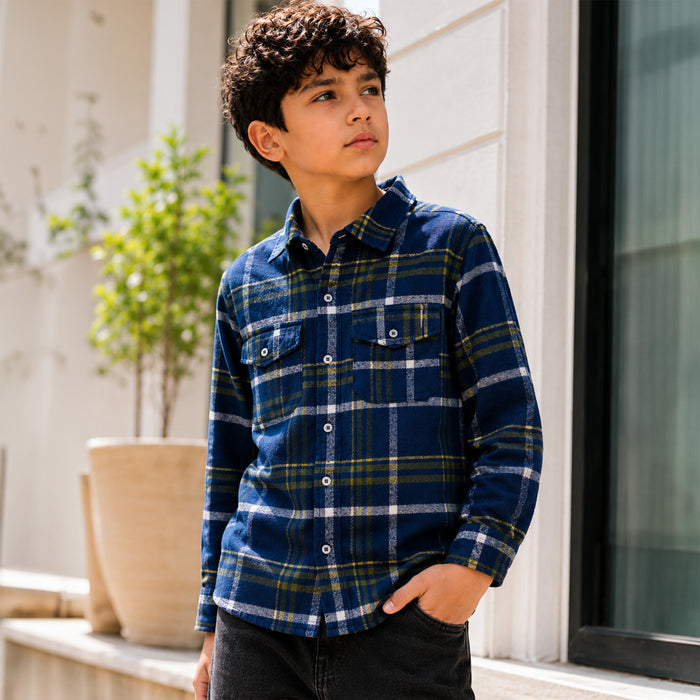 Kids Boys Shirt in Blue with Warm Checked Fabric, Relaxed Fit, Full Sleeves & Twin Pockets