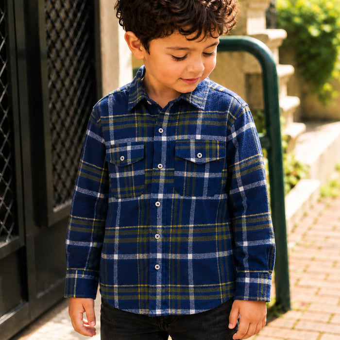 Kids Boys Shirt in Blue with Warm Checked Fabric, Relaxed Fit, Full Sleeves & Twin Pockets