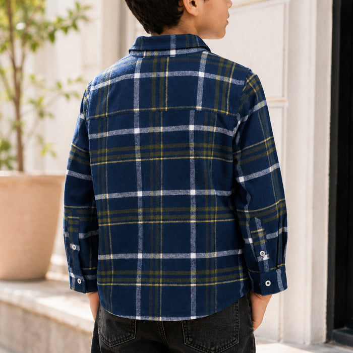 Kids Boys Shirt in Blue with Warm Checked Fabric, Relaxed Fit, Full Sleeves & Twin Pockets