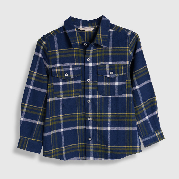 Kids Boys Shirt in Blue with Warm Checked Fabric, Relaxed Fit, Full Sleeves & Twin Pockets