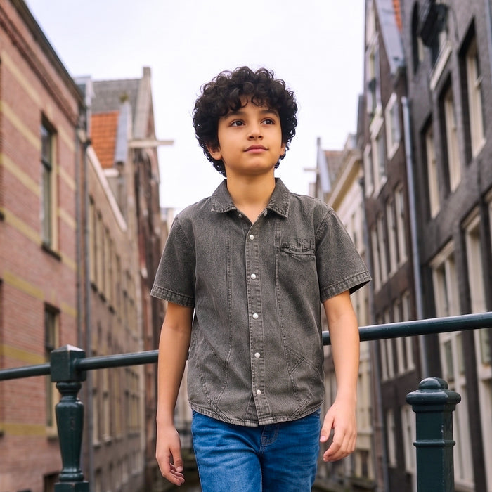 Kids Boys Shirt in Grey with Washed Denim Texture, Utility Seams & Relaxed Comfort Fit