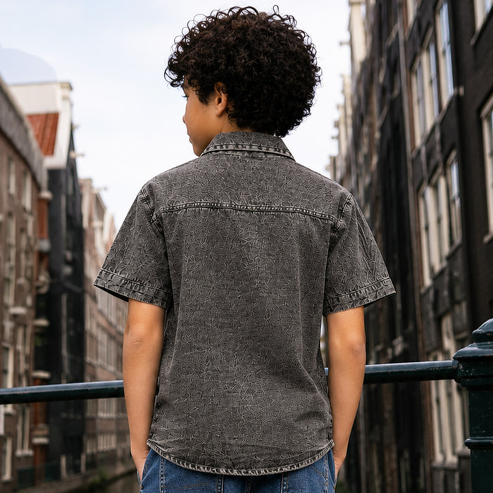 Kids Boys Shirt in Grey with Washed Denim Texture, Utility Seams & Relaxed Comfort Fit