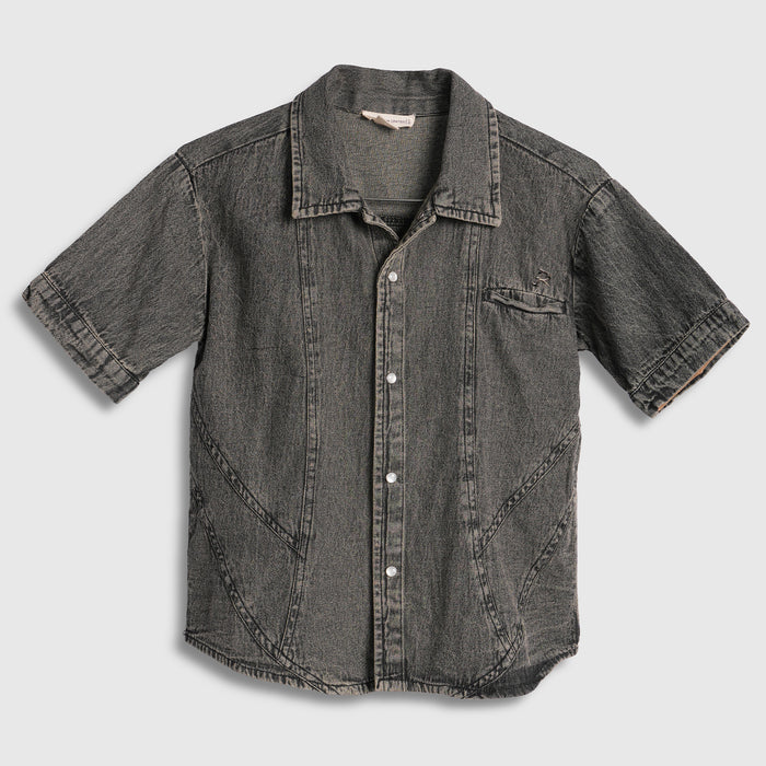 Kids Boys Shirt in Grey with Washed Denim Texture, Utility Seams & Relaxed Comfort Fit