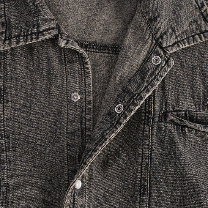 Kids Boys Shirt in Grey with Washed Denim Texture, Utility Seams & Relaxed Comfort Fit