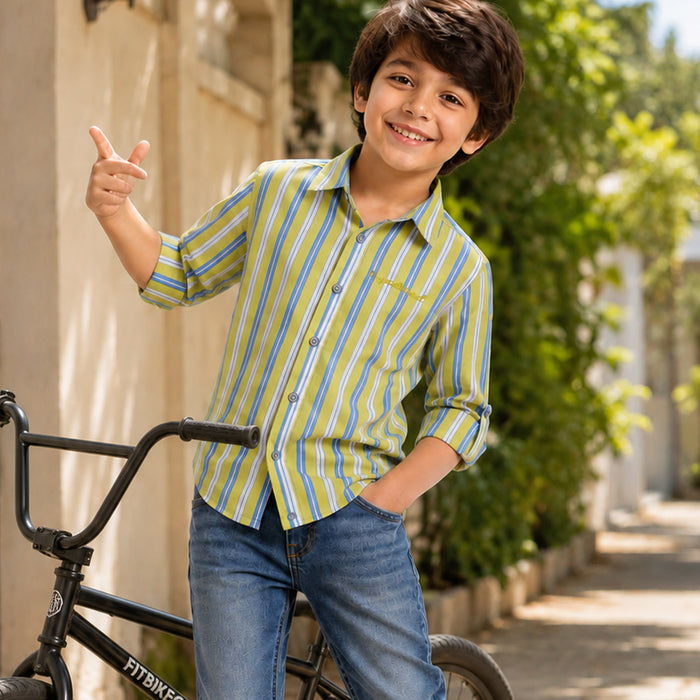 Kids Boys Shirt in Light Green Multicolor with Striped Pattern, Full Sleeves & Comfort Fit
