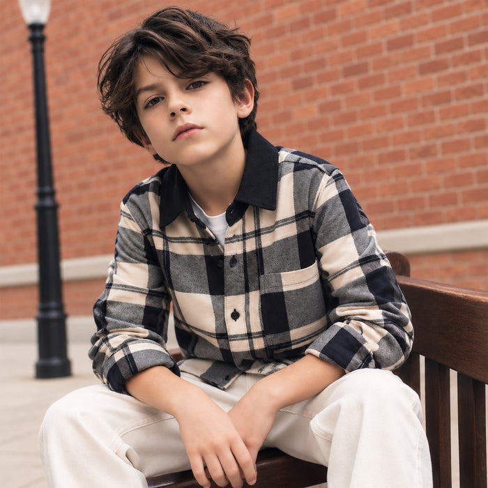 Kids Boys Shirt in Navy Blue with Comfort Regular Fit, Checked Pattern & Full Sleeves