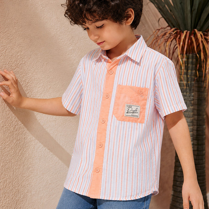 Kids Boys Shirt in Peach with Textured Stripes & Breathable Fabric for Daily Comfort