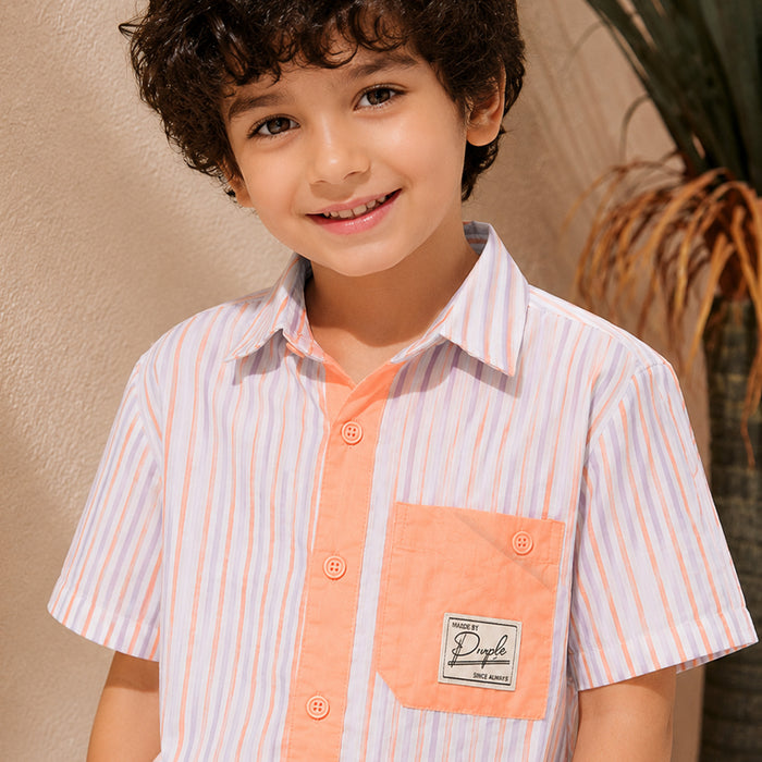Kids Boys Shirt in Peach with Textured Stripes & Breathable Fabric for Daily Comfort