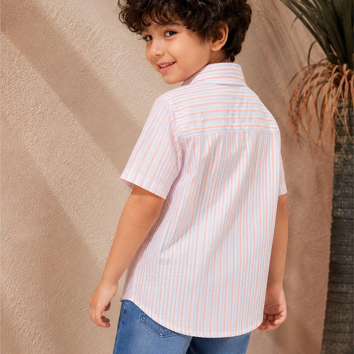 Kids Boys Shirt in Peach with Textured Stripes & Breathable Fabric for Daily Comfort