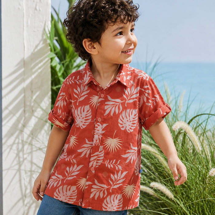 Kids Boys Shirt in Rust with Tropical Leaf Print, Roll-Up Sleeves & Soft Airy Comfort Fabric