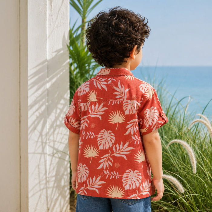 Kids Boys Shirt in Rust with Tropical Leaf Print, Roll-Up Sleeves & Soft Airy Comfort Fabric