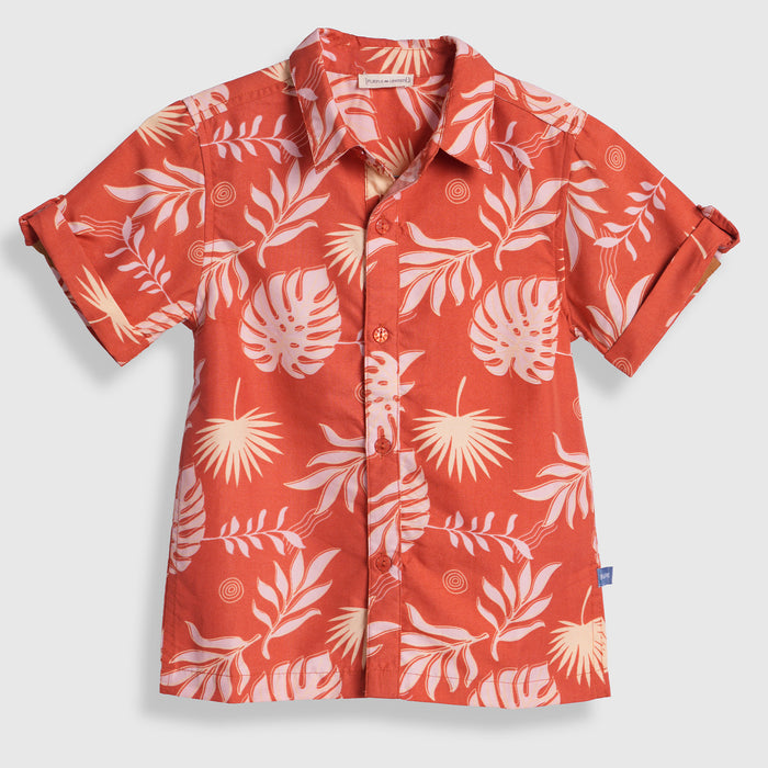 Kids Boys Shirt in Rust with Tropical Leaf Print, Roll-Up Sleeves & Soft Airy Comfort Fabric