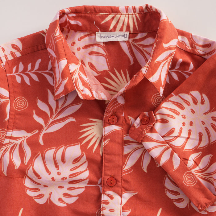 Kids Boys Shirt in Rust with Tropical Leaf Print, Roll-Up Sleeves & Soft Airy Comfort Fabric