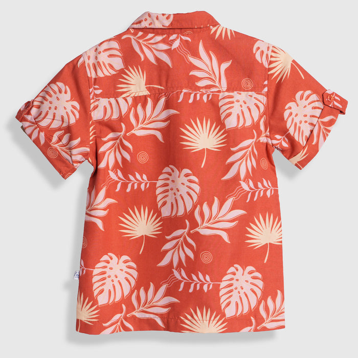 Kids Boys Shirt in Rust with Tropical Leaf Print, Roll-Up Sleeves & Soft Airy Comfort Fabric