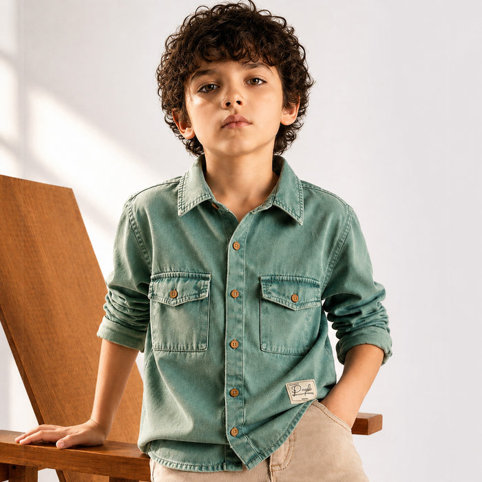 Kids Boys Shirt in Sage Green with Full Sleeves, Regular Fit & Soft Comfort Breathable Fabric