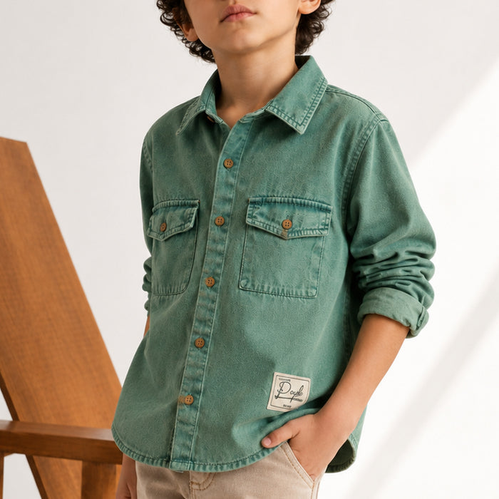 Kids Boys Shirt in Sage Green with Full Sleeves, Regular Fit & Soft Comfort Breathable Fabric