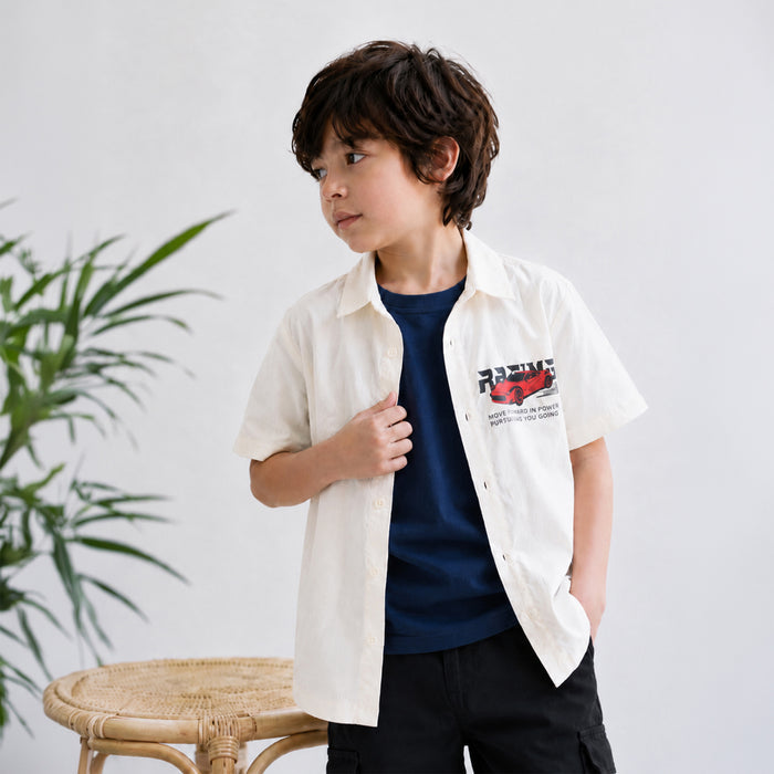 Kids Boys Shirt in White with Relaxed Fit & Short Sleeve for Smart Comfort Casual Styling