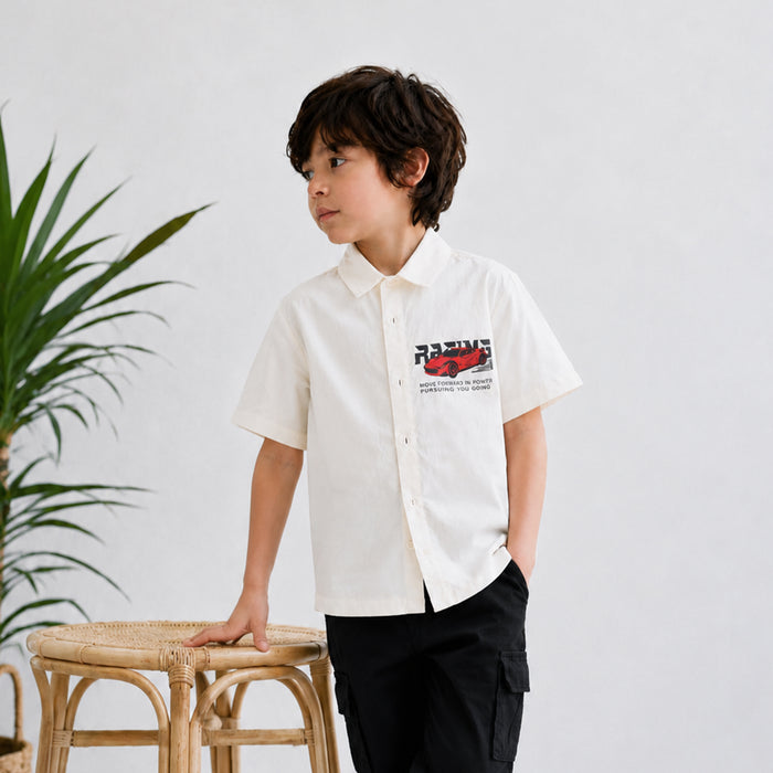 Kids Boys Shirt in White with Relaxed Fit & Short Sleeve for Smart Comfort Casual Styling