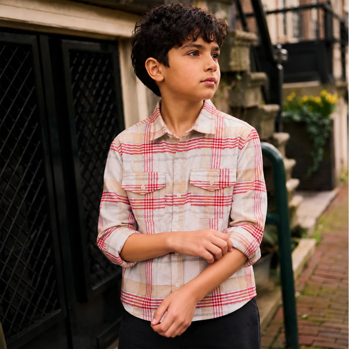 Kids Boys Shirt in White with Warm Checked Fabric, Relaxed Fit, Full Sleeves & Twin Pockets