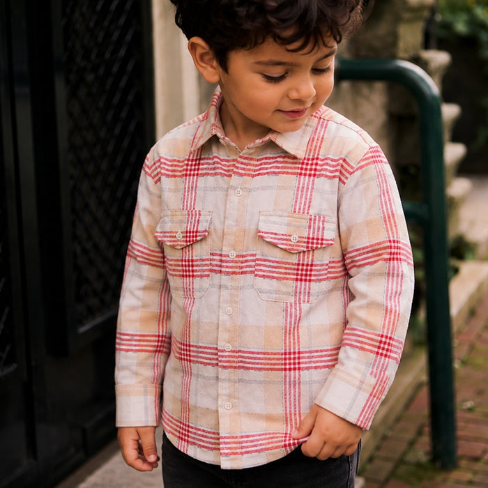 Kids Boys Shirt in White with Warm Checked Fabric, Relaxed Fit, Full Sleeves & Twin Pockets